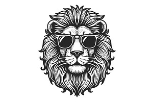 Lion In Sunglasses Engraving Sketch