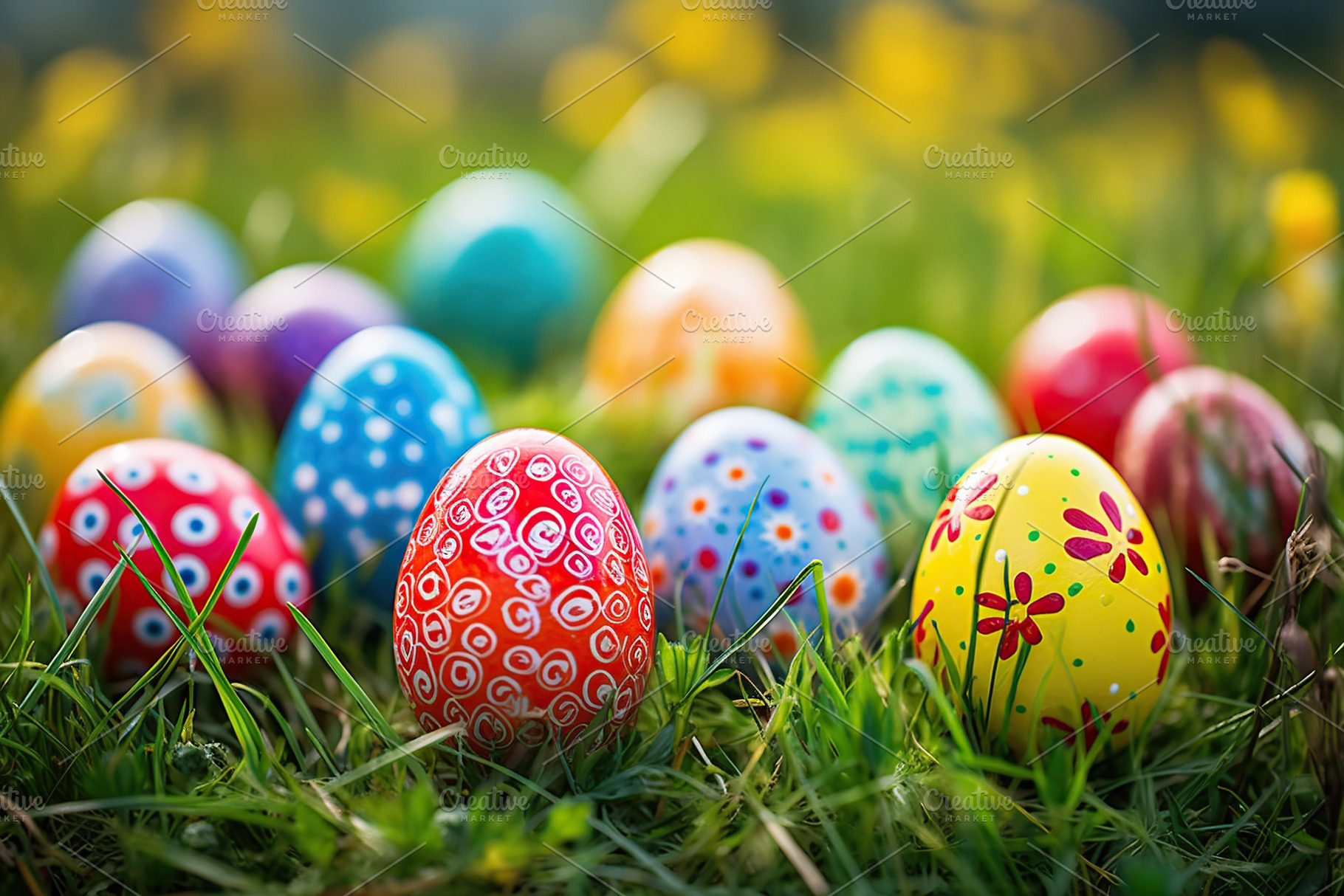 Colorful easter eggs on green grass, a Holiday Photo by AlyaAnd