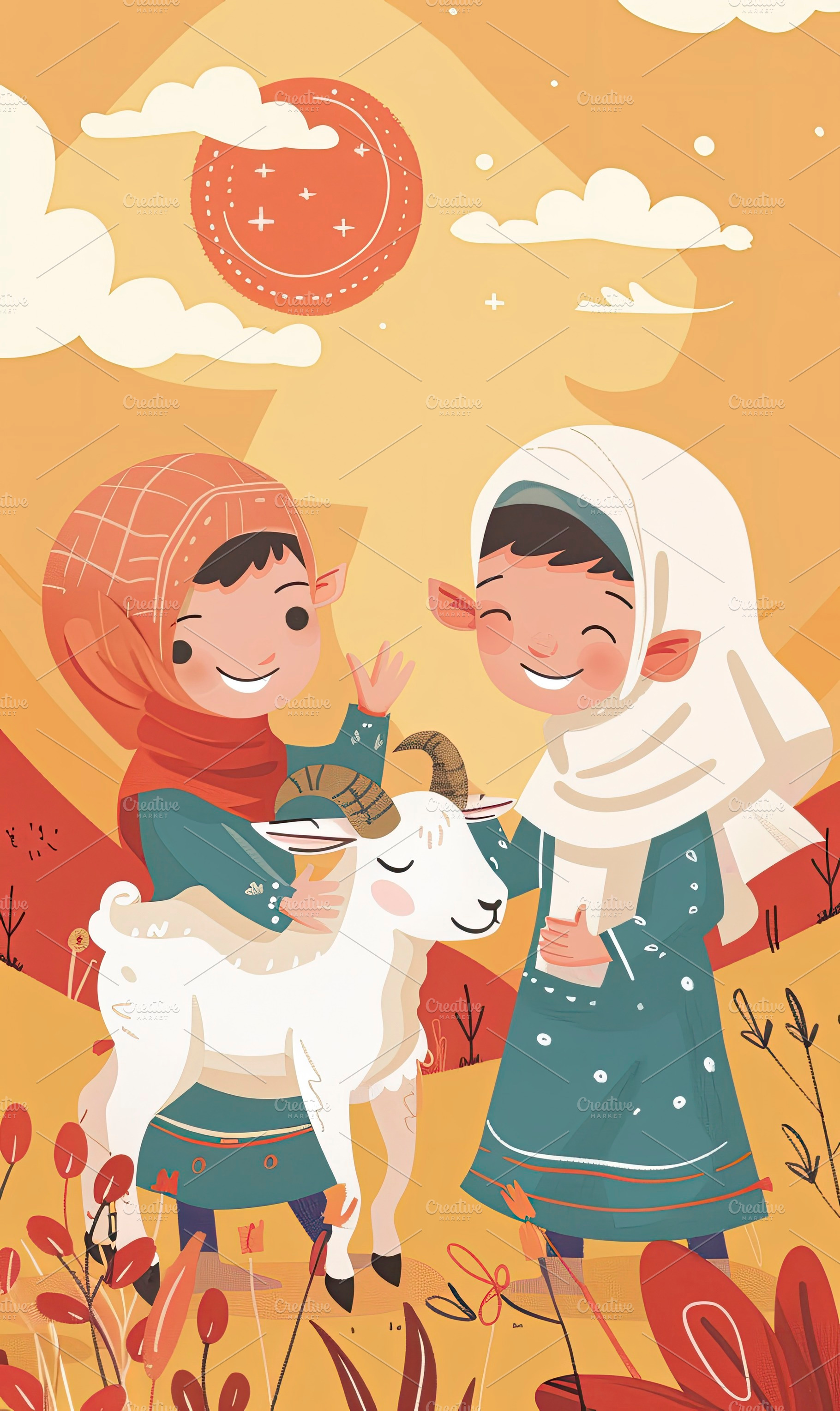 Illustration of kids with pets in a, a Photo by LOGOCREATIVE