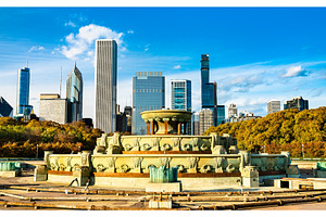 Skyline of chicago and buckingham containing chicago, skyline, and, an Architecture Photo by Leonid Andronov