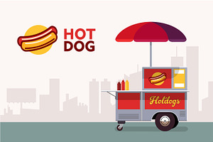 Hot Dog Street Cart. Fast Food Stand Vendor Service. Kiosk Seller Business. Flat Banner. Vector Illustration.