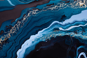 Acrylic Fluid Art. Blue colors waves in abstract ocean of blue paint and golden