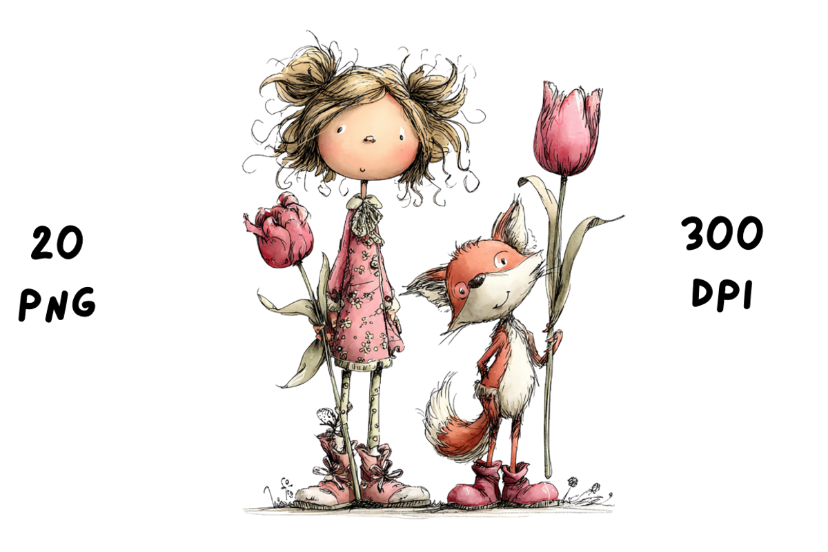 Whimsical Floral Girl & Fox Clipart, an Animal Illustration by GiraffeCreative (Photo 6 of 20)