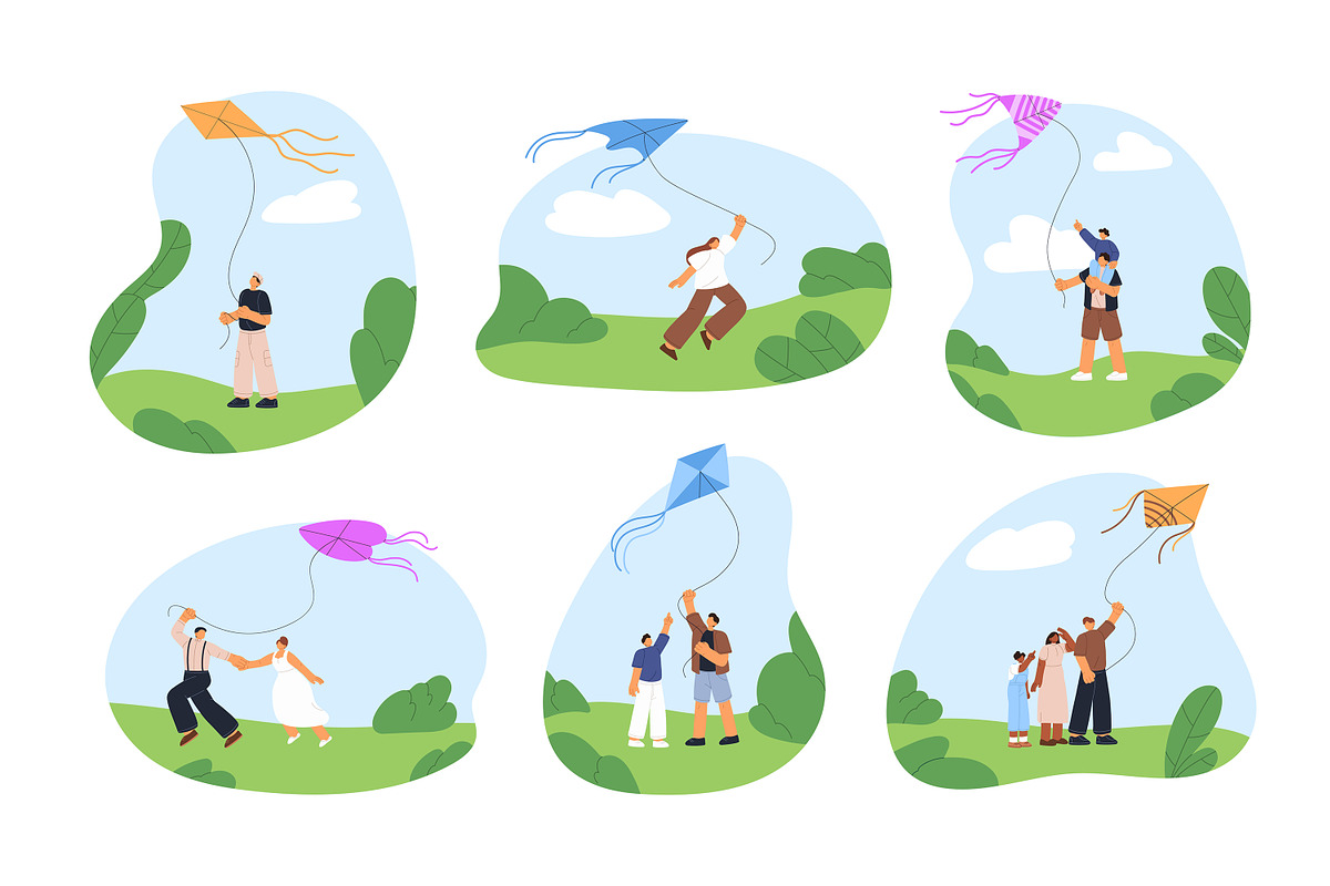 Happy people flying kites in nature, a Person Illustration by PaperTrident (Photo 1 of 7)