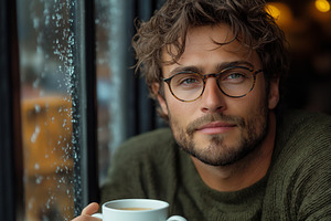 A relaxed Caucasian man with curly hair and glasses enjoys a warm drink by a ra, a Person Photo by ImageMir