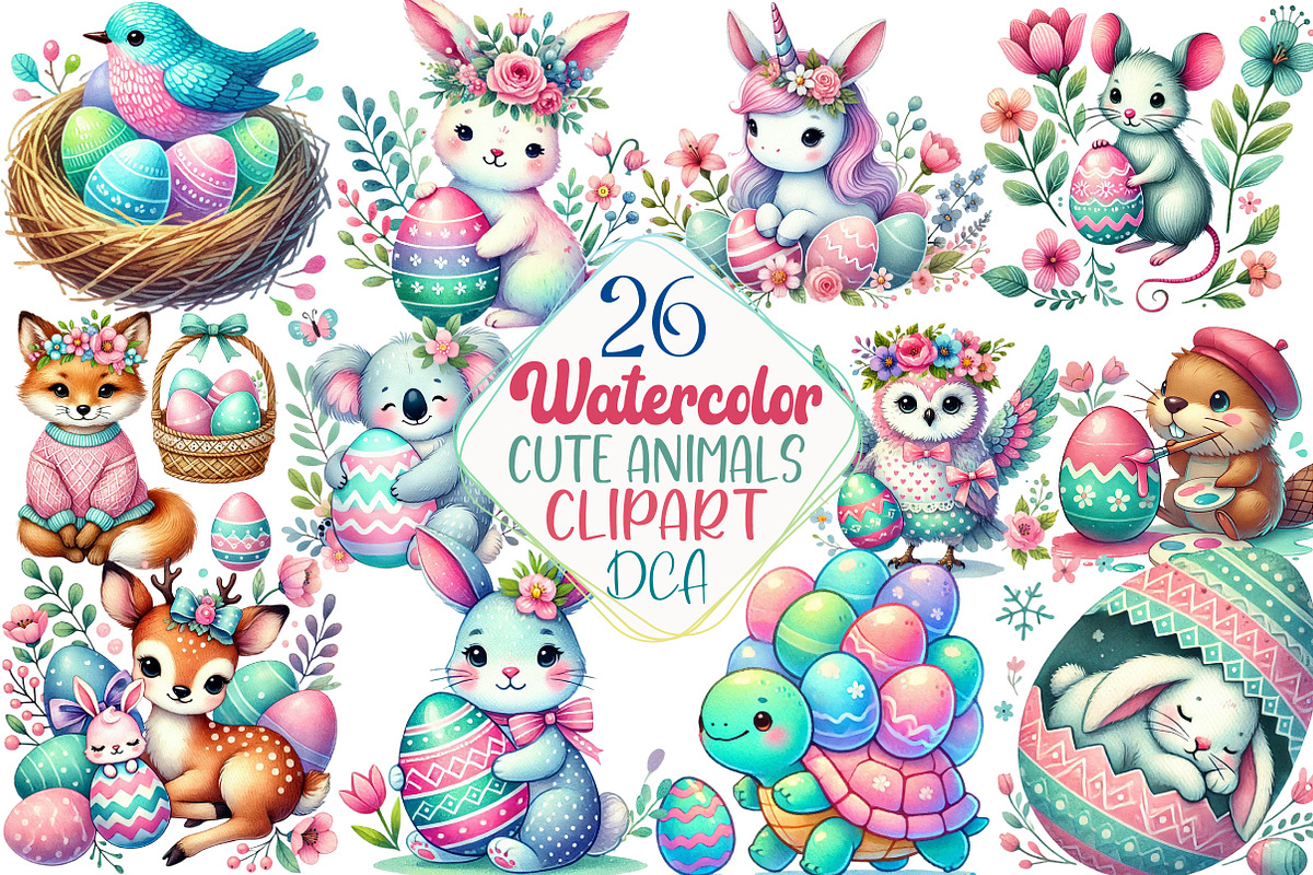 Watercolor Happy Easter Cute Animals, an Illustration by DreamCafeArt (Photo 1 of 5)