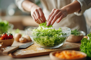 Woman preparing fresh green salad he, a Photo by Pixeness Studio