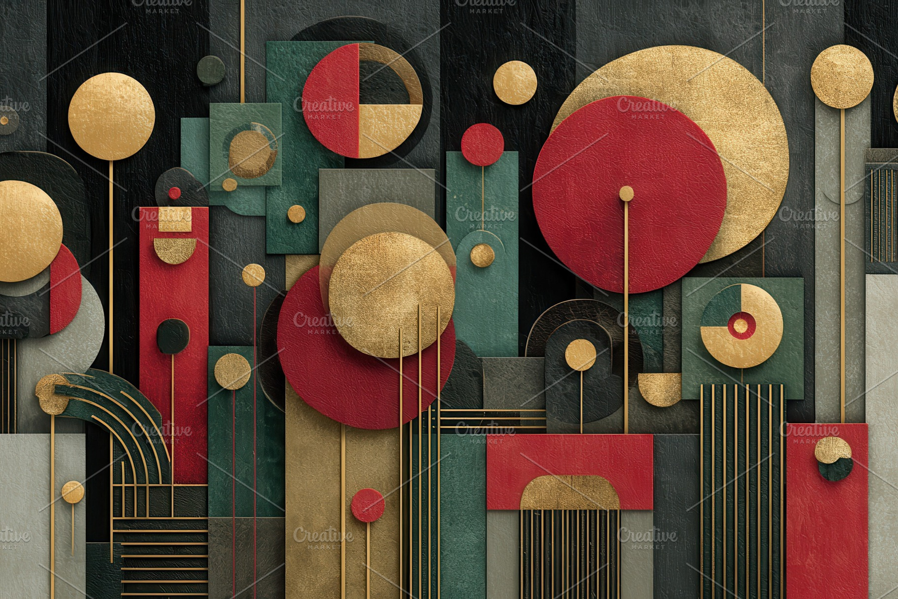 Abstract Geometric Art Gold Red Gree, a Photo by Pixeness Studio