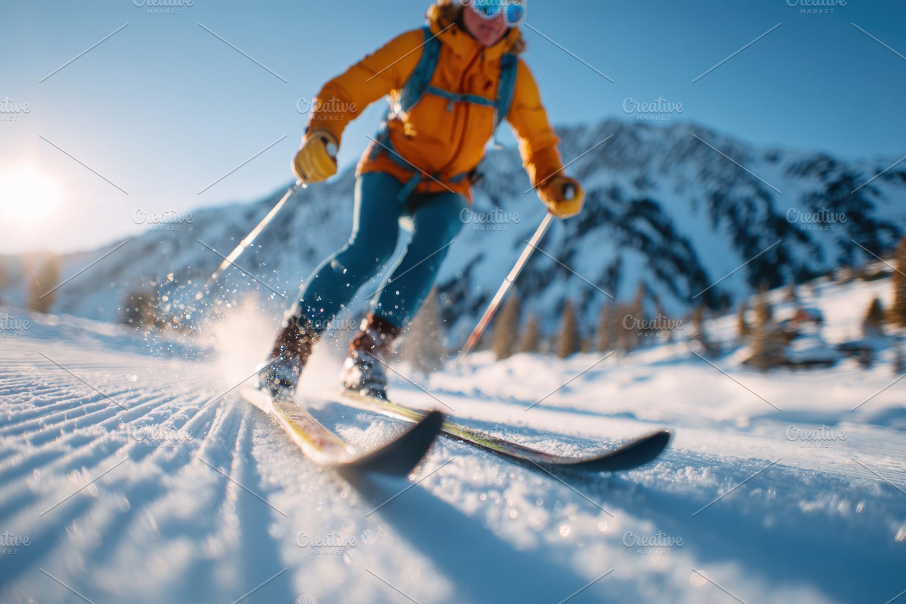 Skier racing down snowy slope in bright winter gear, a Sports & Recreation Photo by AlyaAnd