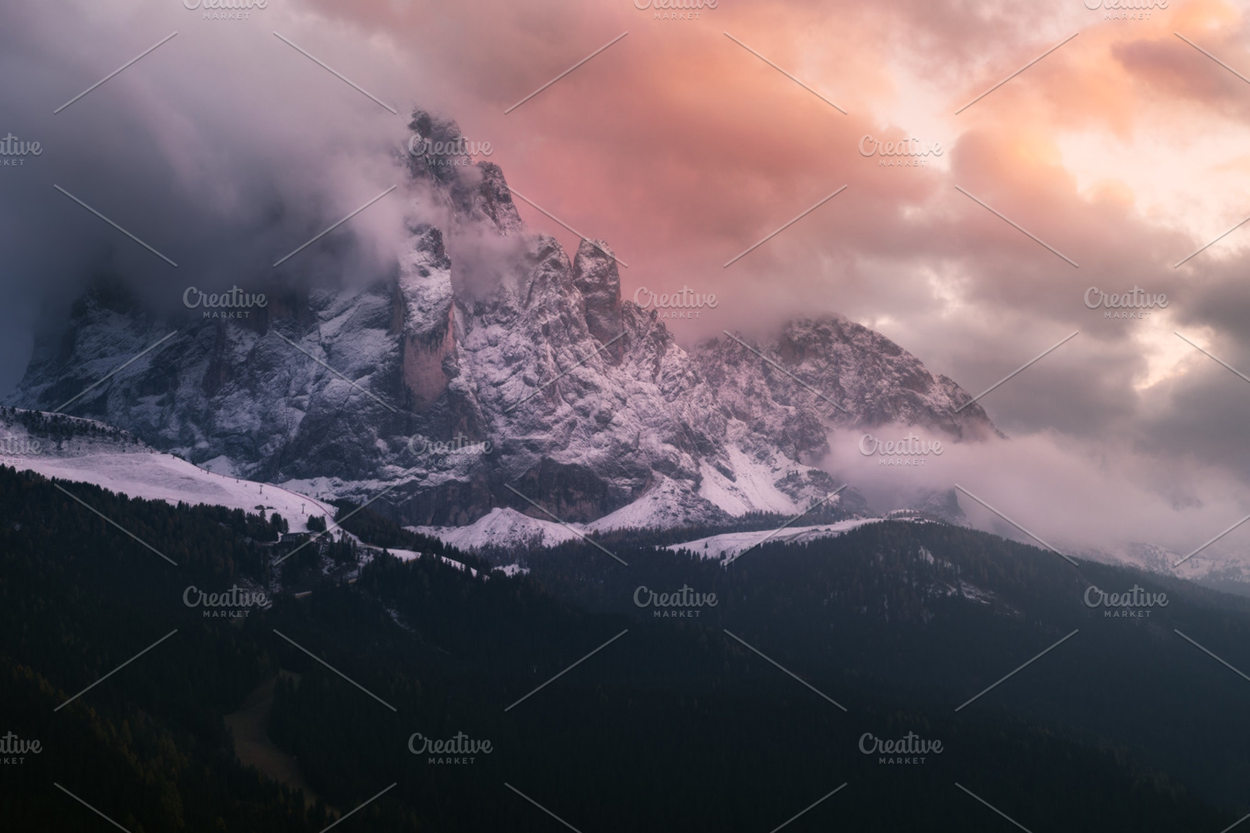 Mountain sassolungo at sunset stock photo containing gardena and val, a Nature Photo by naumenkophotographer