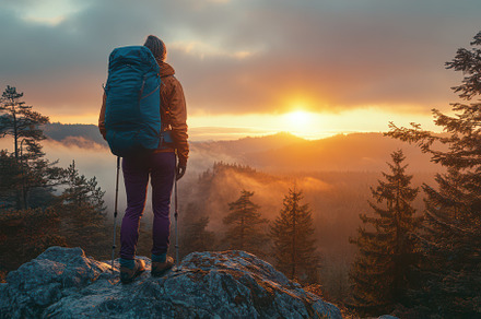 Hiker watching sunrise over misty mo, a Background Photo by Pixeness