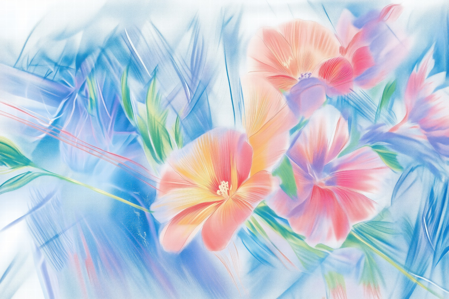 A soft, pastel-colored illustration of flowers with delicate petals in ...
