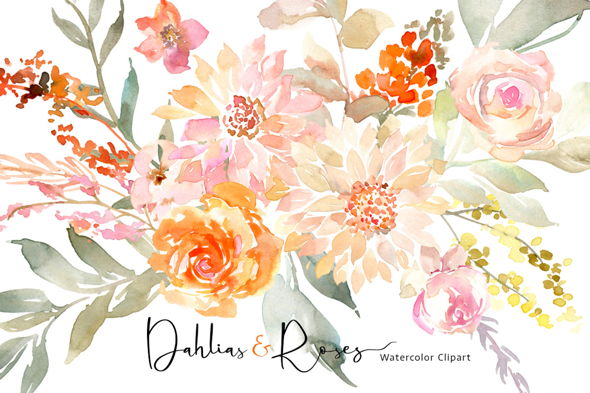 Watercolor Dahlias & Roses Flowers, an Illustration by GraphicsDish (Photo 1 of 4)