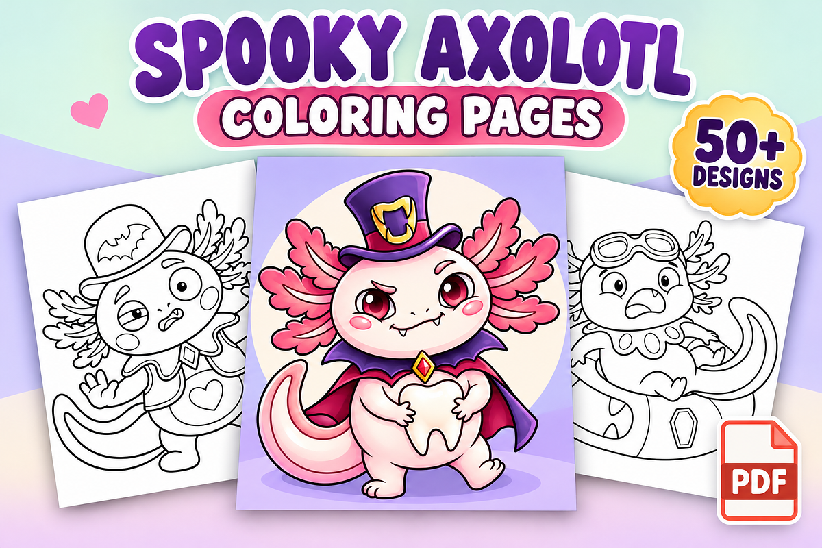 Spooky Axolotl Coloring Pages Vol. 1, an Animal Illustration by Inkivelle Studio (Photo 1 of 3)