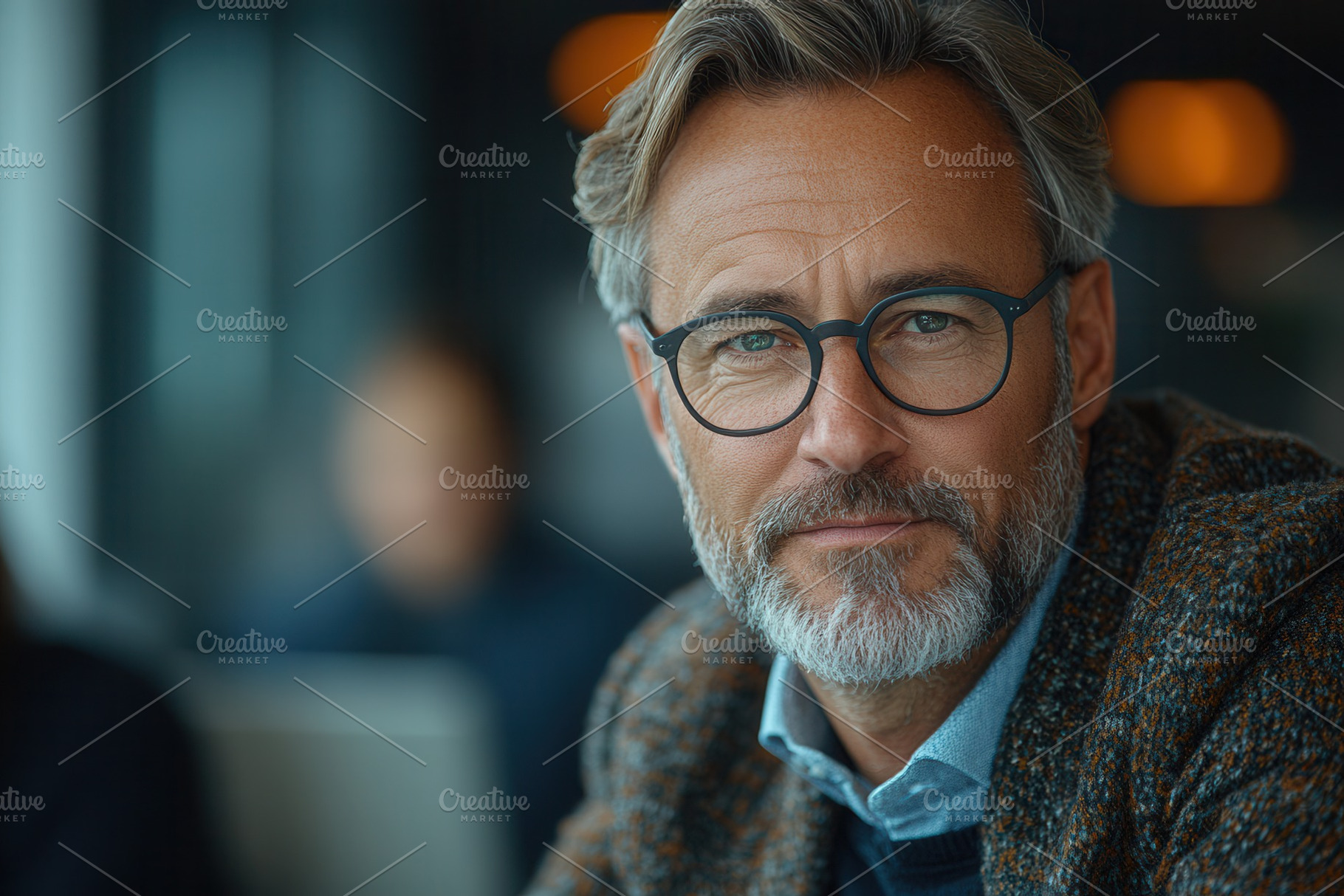 Middle-aged man with glasses smiles, a Photo by Tanuart