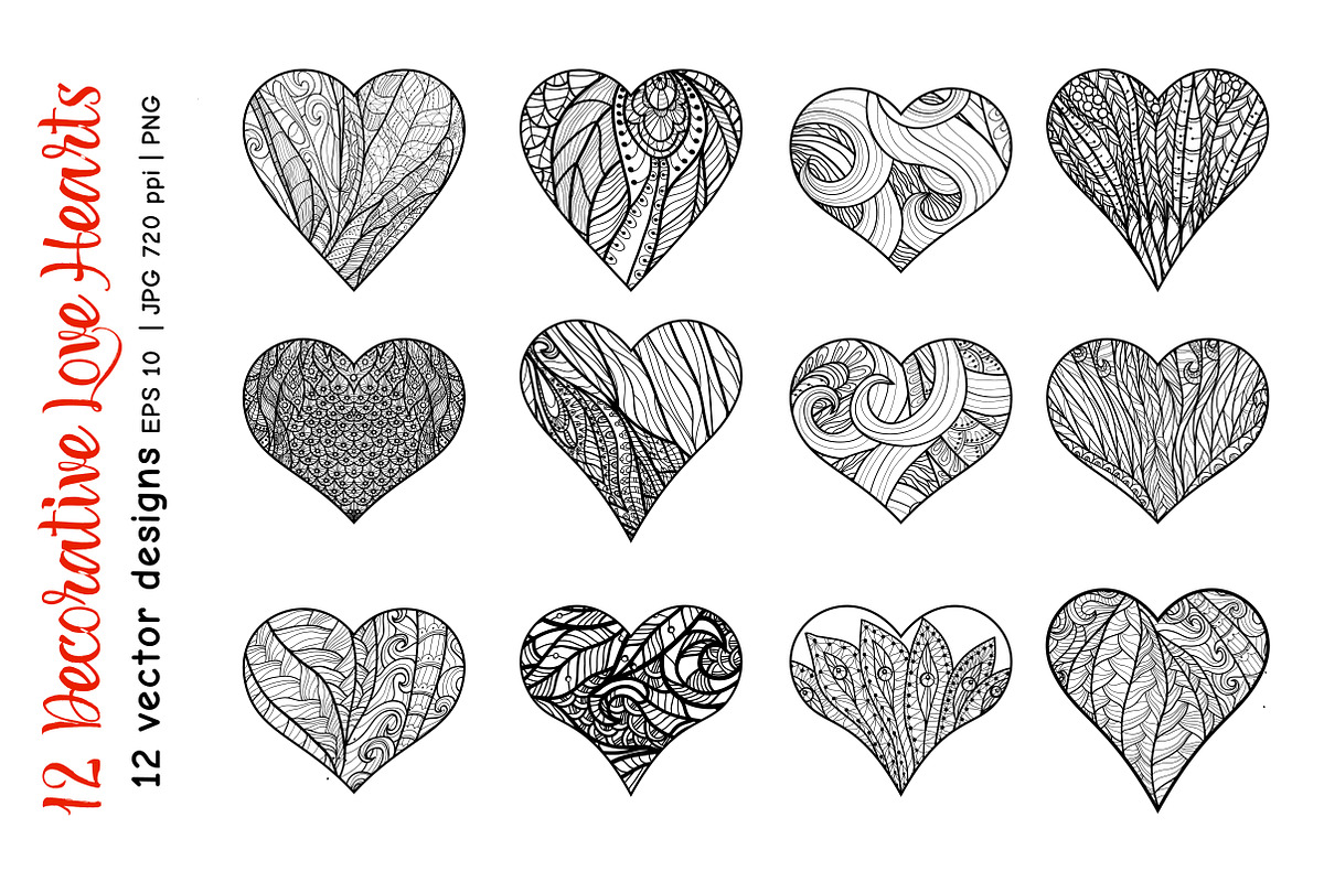 12 Decorative Love Hearts, a Decorative Illustration by Elen-Lane (Photo 2 of 5)