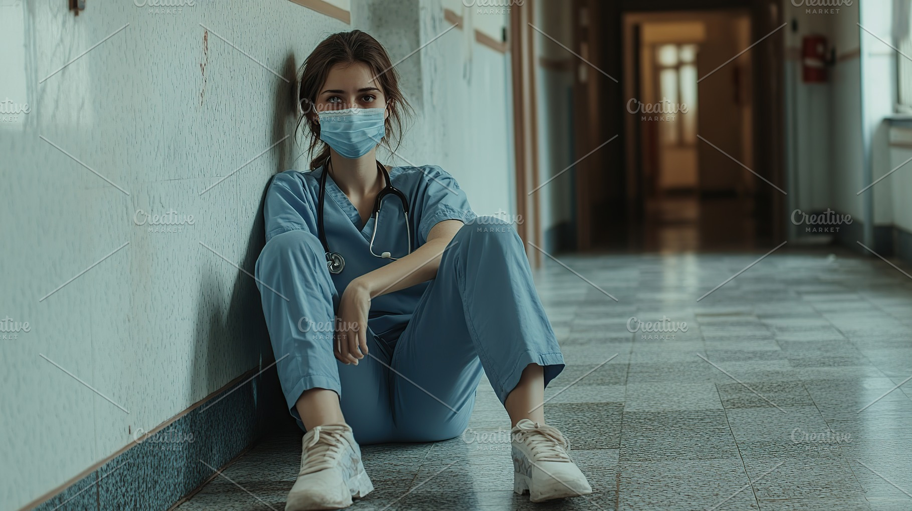 Tired woman nurse after a hard day at work, a Health & Medical Photo by AlyaAnd