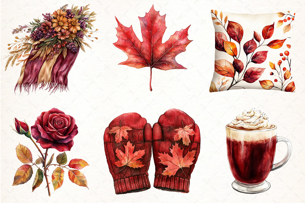 Watercolor Burgundy Autumn Clipart, an Illustration by Pixels.Craft (Photo 2 of 7)