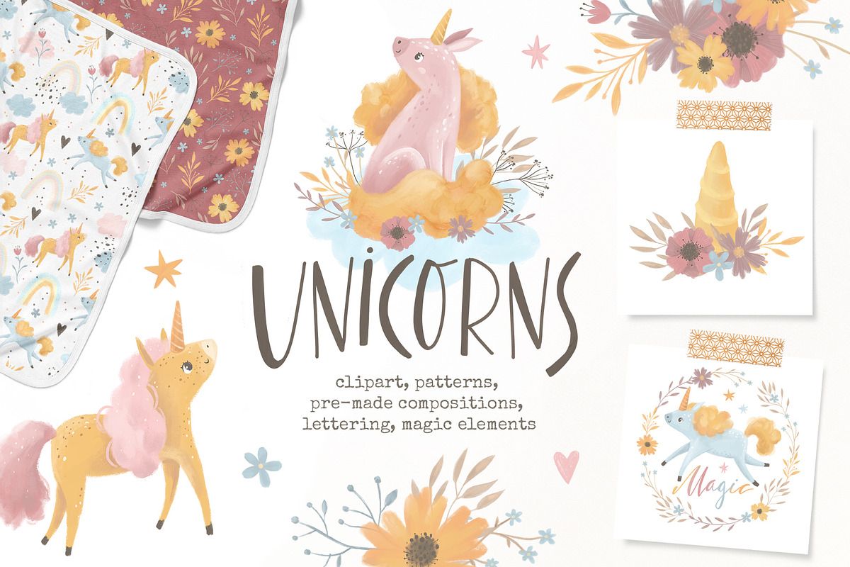 Unicorn clipart. Patterns., an Animal Illustration by Lesya Skripak (Photo 1 of 8)