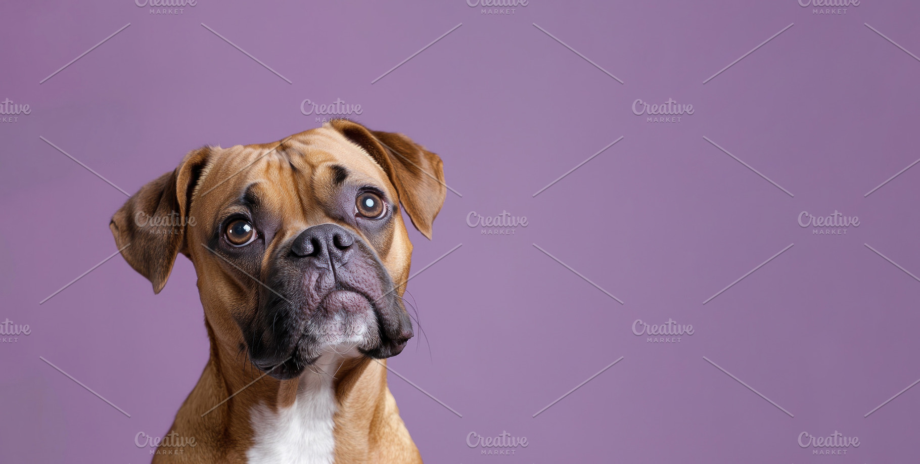 Curious boxer dog with expressive eyes looking up against a purp, an Animal Photo by José Manuel Gelpi