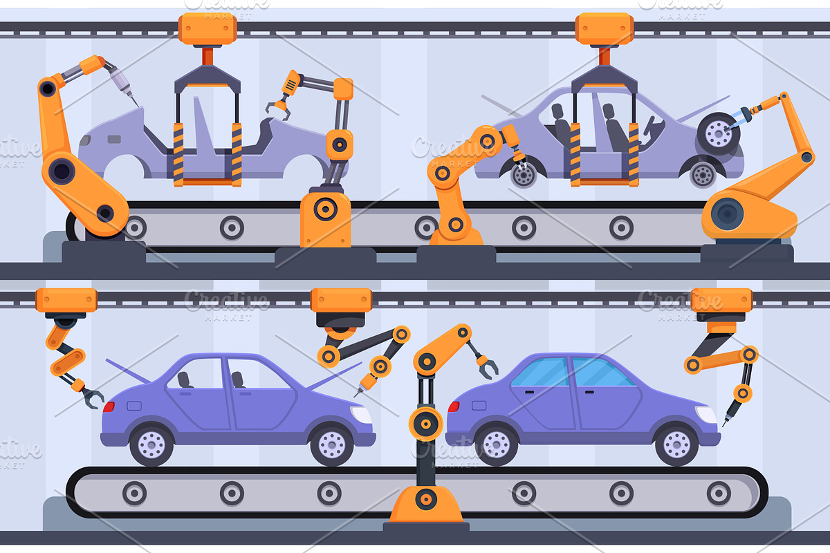 Assemble car on conveyor belt, an Illustration by Valerie Bodnar