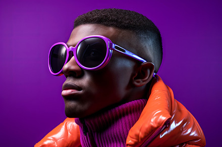 Black man with luxury sunglasses isolated on a purple background, a Person Photo by ImageMir