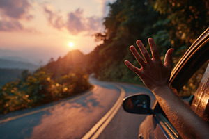Hand out car window sunset road trip, a Photo by Pixeness Studio
