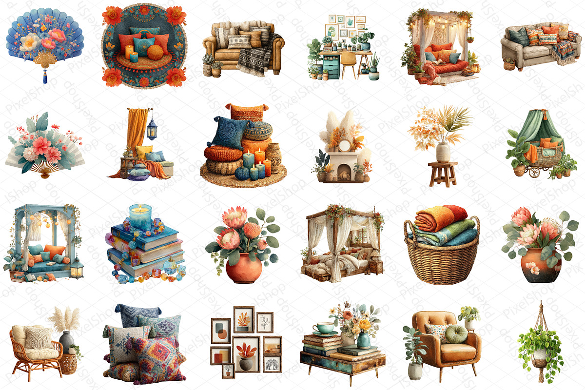 Watercolor Boho Interior Clipart, an Illustration by DreamPrint404 (Photo 3 of 5)