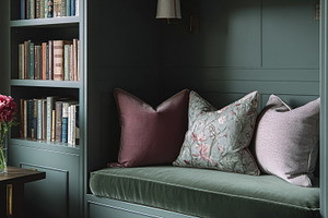 Cozy reading nook with plush pillows, built in bookshelf, and fl, a Photo by Studio ANNA