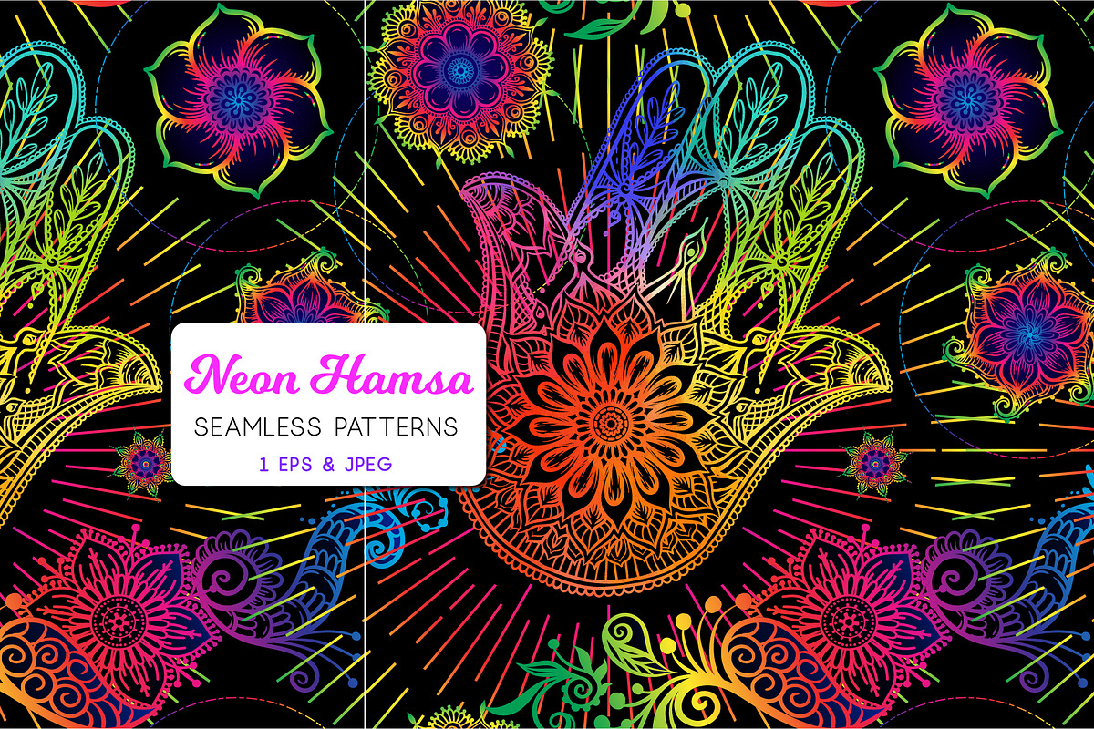 Neon Hamsa Seamless Pattern, a Pattern Graphic by Elen-Lane (Photo 1 of 2)