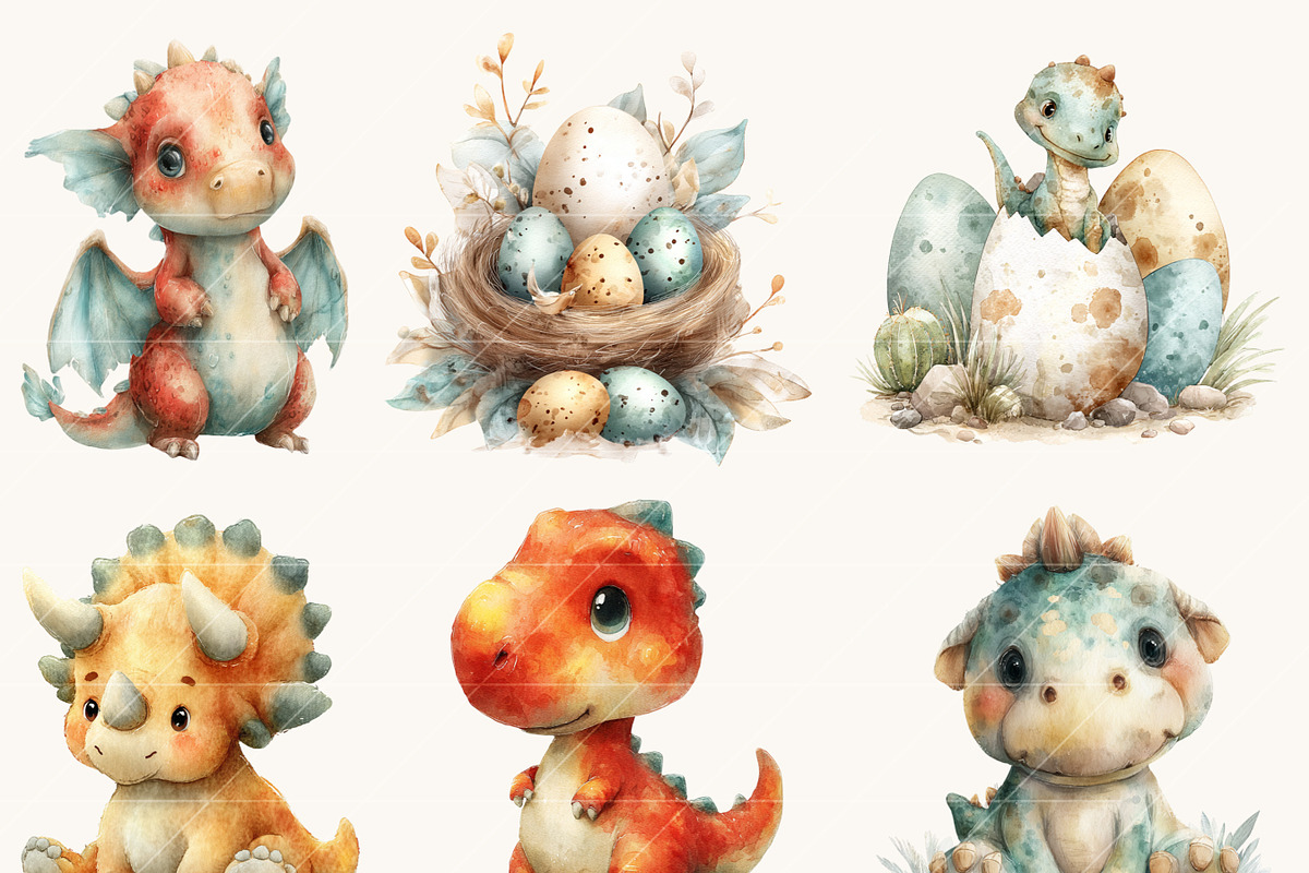 Watercolor Cute Dino Clipart, an Animal Illustration by Design Scotch (Photo 4 of 9)