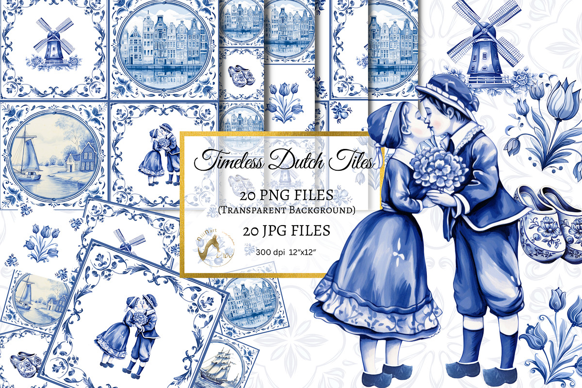 Traditional Dutch Blue Tiles Bundle, an Illustration by NiiiNArt