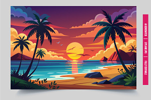 Sunset palm trees colorful sky, an Illustration by Tanuart