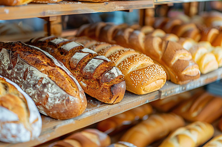 Different kinds of baked bread on shelves in bakery shop, a Food & Drink Photo by AlyaAnd
