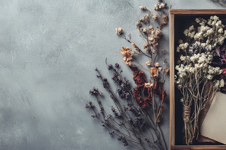 Wooden box filled with dried flowers on gray textured surface., an Abstract Photo by Natalia Klenova's Shop