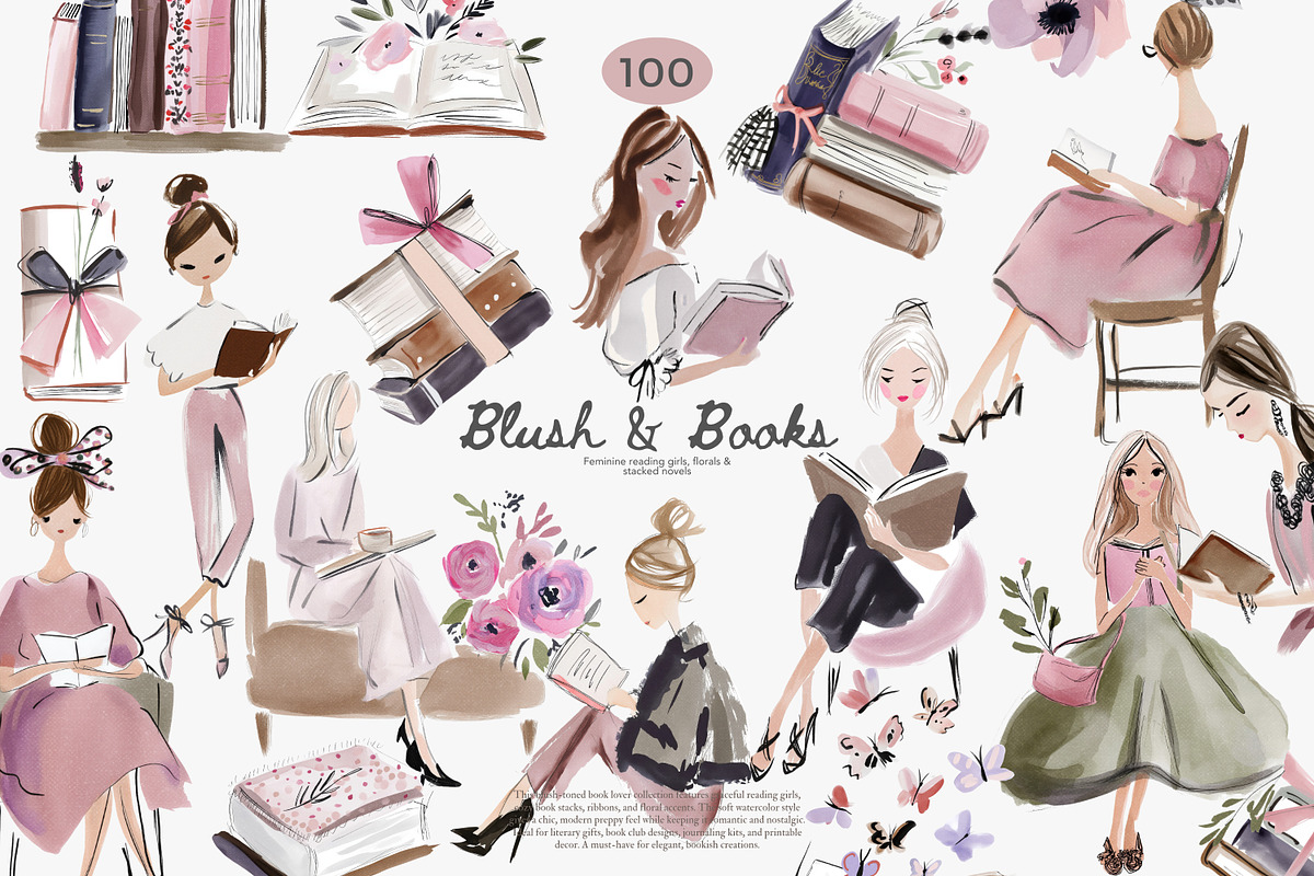 Blush Book Lover Clipart Bundle, a Decorative Illustration by Patishop Art (Photo 1 of 14)
