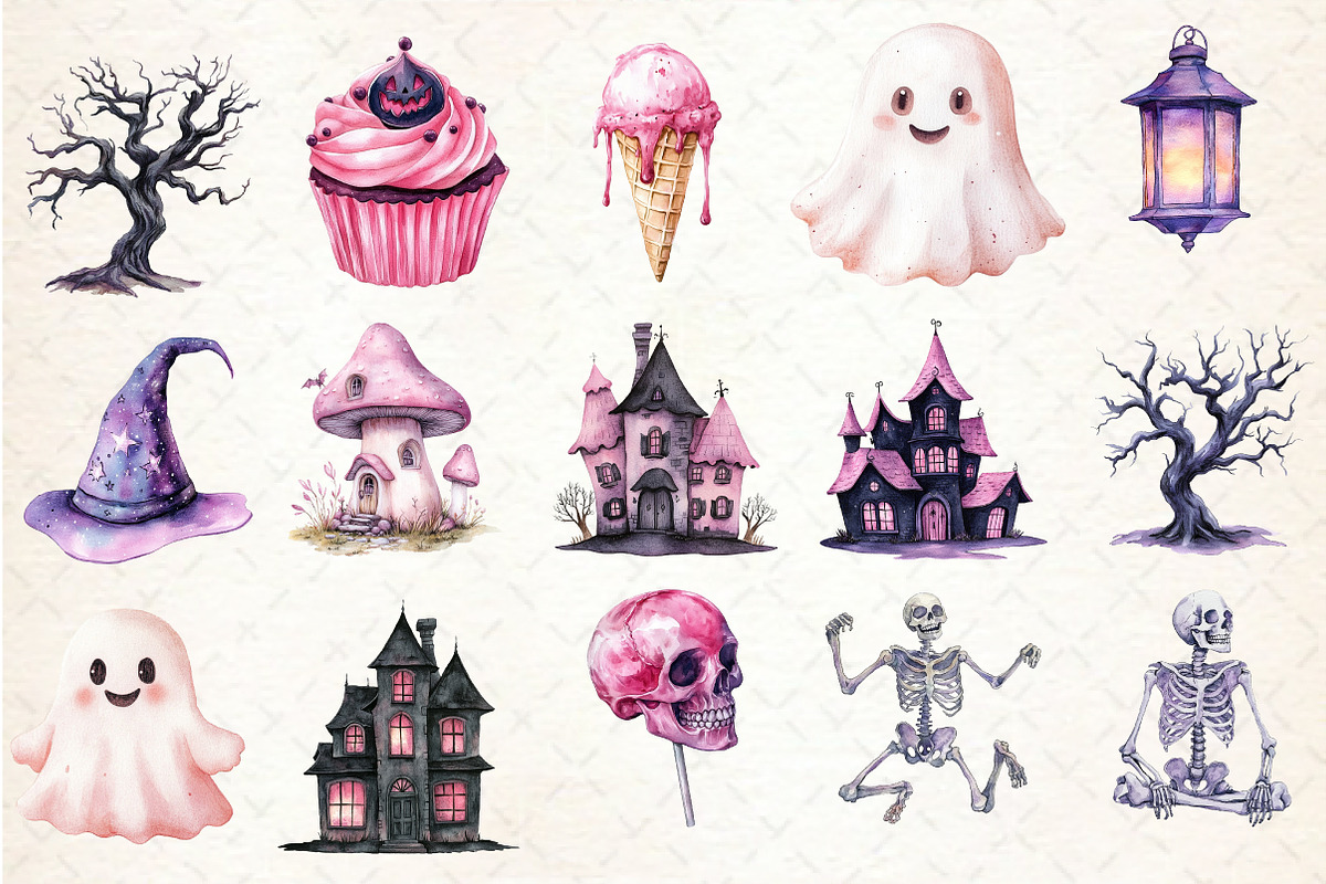 Watercolor Pink Halloween Clipart, an Illustration by Rose Art (Photo 2 of 3)