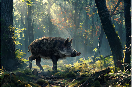 Wild boar walking in a sunlit forest, an Animal Photo by Ylivdesign