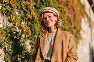 Young woman smiles warmly in a stylish outfit against a backdrop of ivy in autu, a Photo by AlyaAnd