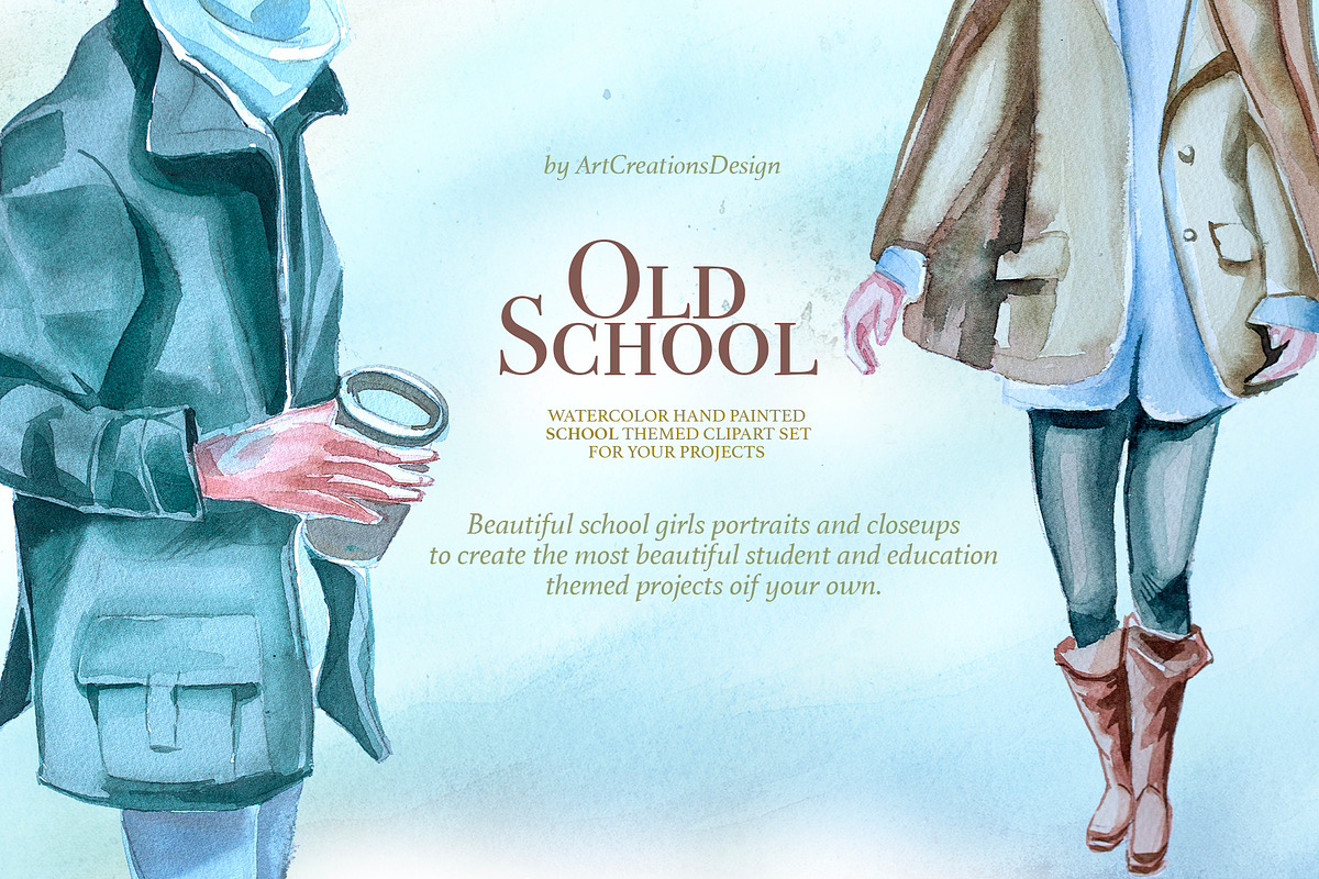 Watercolor Old School Clipart Set, a Seasonal Illustration by ArtCreationsDesign (Photo 8 of 18)