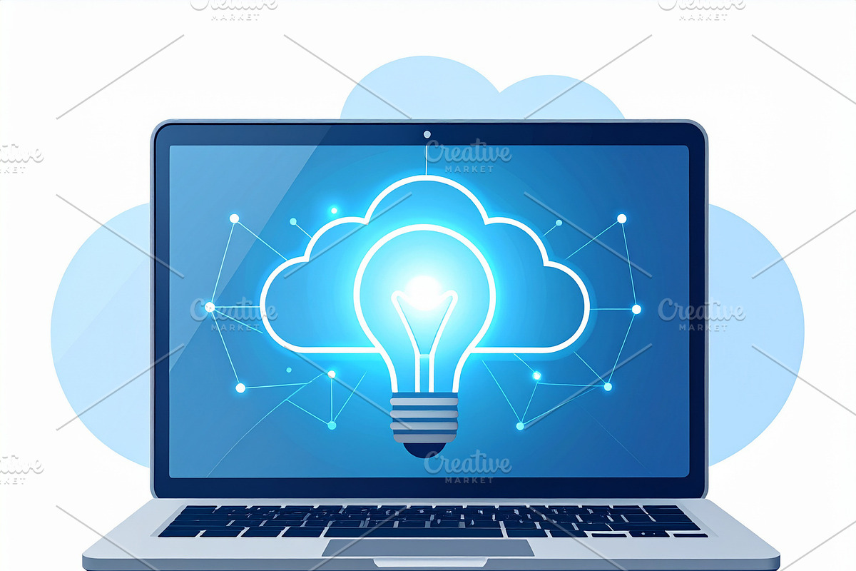 Laptop with cloud light bulb suggesting ideas and connectivity, a Technology Illustration by DanFLCreativo