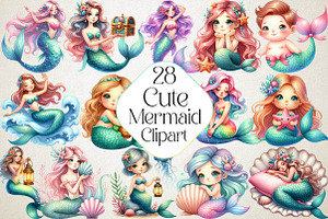 Cute Mermaid Watercolor Clipart, an Illustration by DreamPrint404