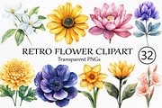 Watercolor Retro Flower Clipart, an Illustration by Craft Nest (Thumbnail 1 of 6)