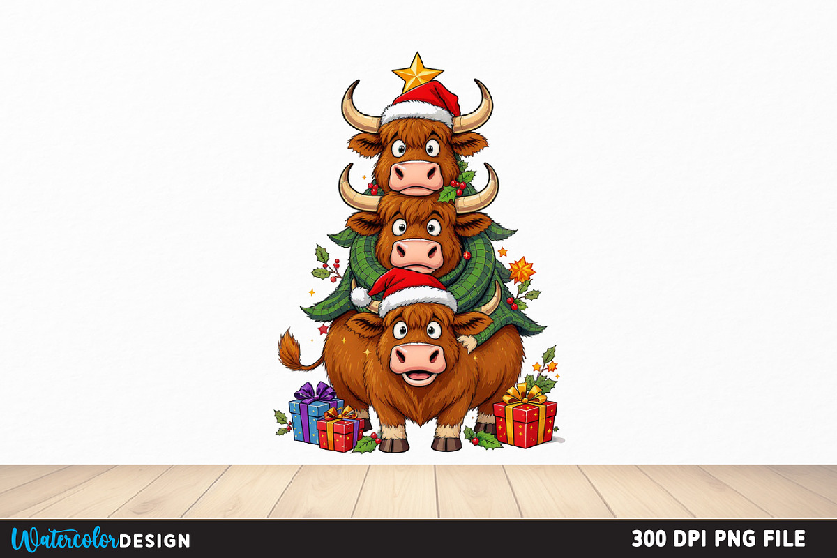 Highland Cow Christmas Trees Png, an Illustration by Watercolor design (Photo 3 of 6)