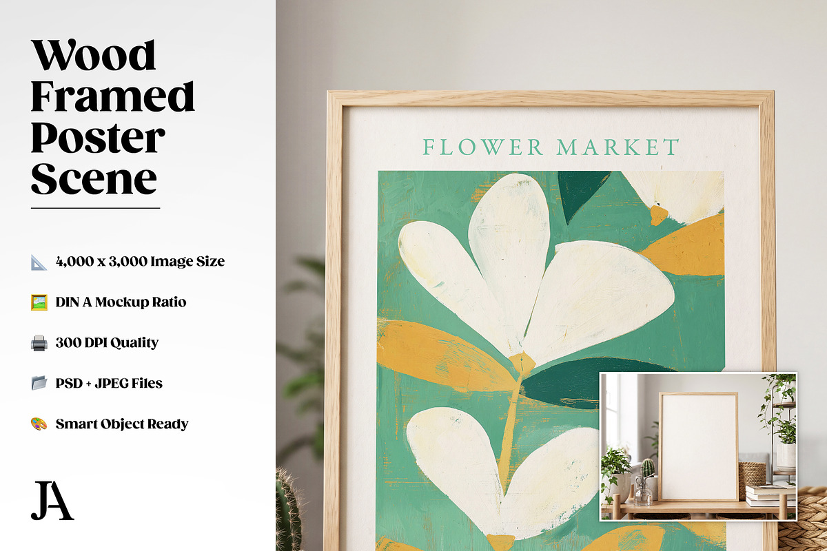 Wood Framed Poster DIN A PSD Mockup, a Household Mockup by Julian Adams (Photo 2 of 3)