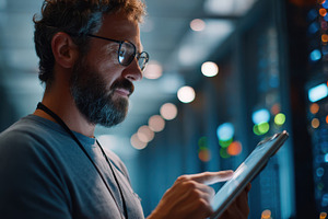 Man using tablet in server room, a Business Photo by AlyaAnd
