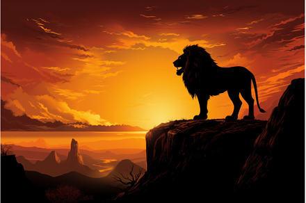 Serene Lion standing rock sunset, an Animal Photo by Ylivdesign