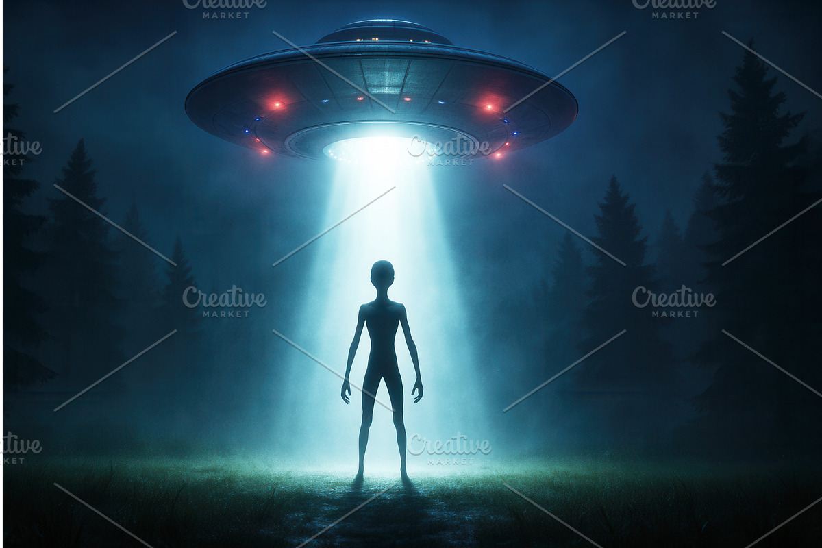 A silhouetted alien stands beneath a, an Illustration by Sergey Kotenev