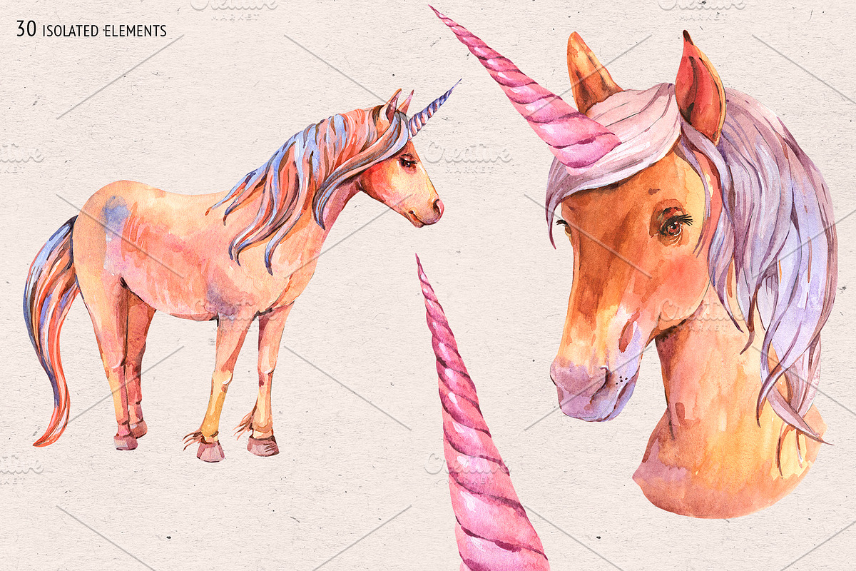 Watercolor Horse Unicorn Clipart, an Animal Illustration by Belusuab (Photo 9 of 18)