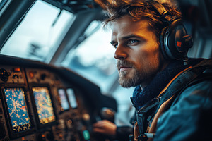 A focused navigator pilot in a cockpit, wearing headphones and looking intently, a Person Photo by Textures & Backgrounds